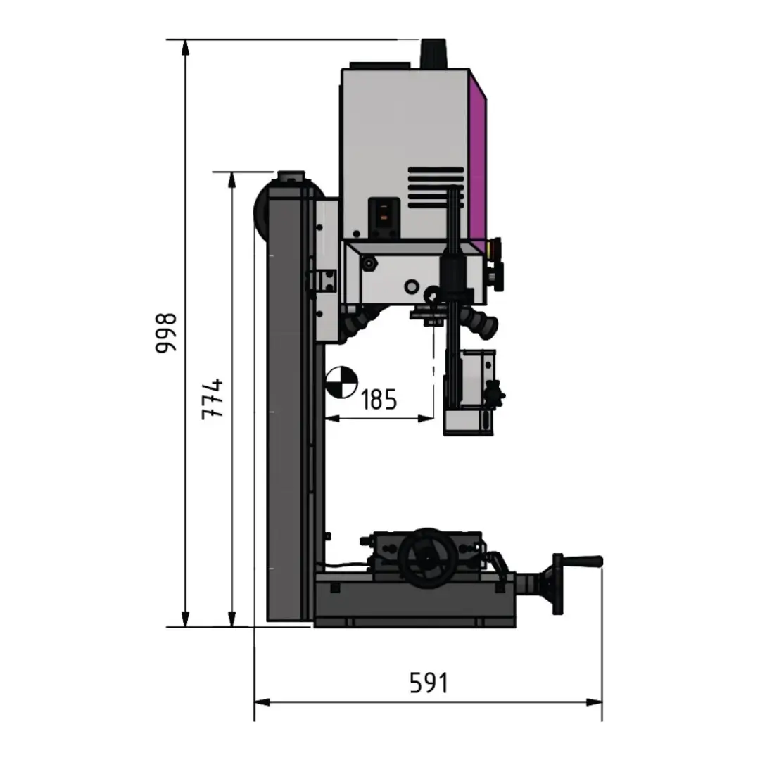 Masina de frezat si gaurit pentru metal OPTImill MH 2DV - Cote laterale Masina de frezat si gaurit pentru metal OPTImill MH 2DV - Cote laterale
