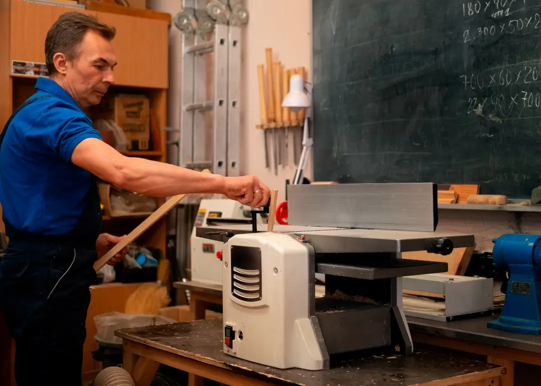 Lucrator in atelier utilizand o masina de rindeluit si degrosat Lucrator in atelier utilizand o masina de rindeluit si degrosat